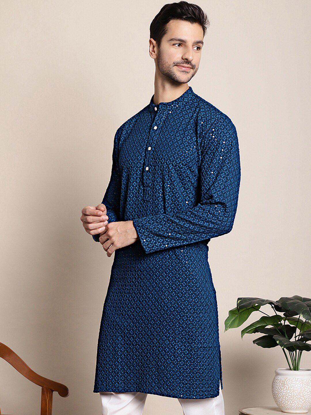 anouk blue geometric embroidered sequinned pure cotton straight kurta