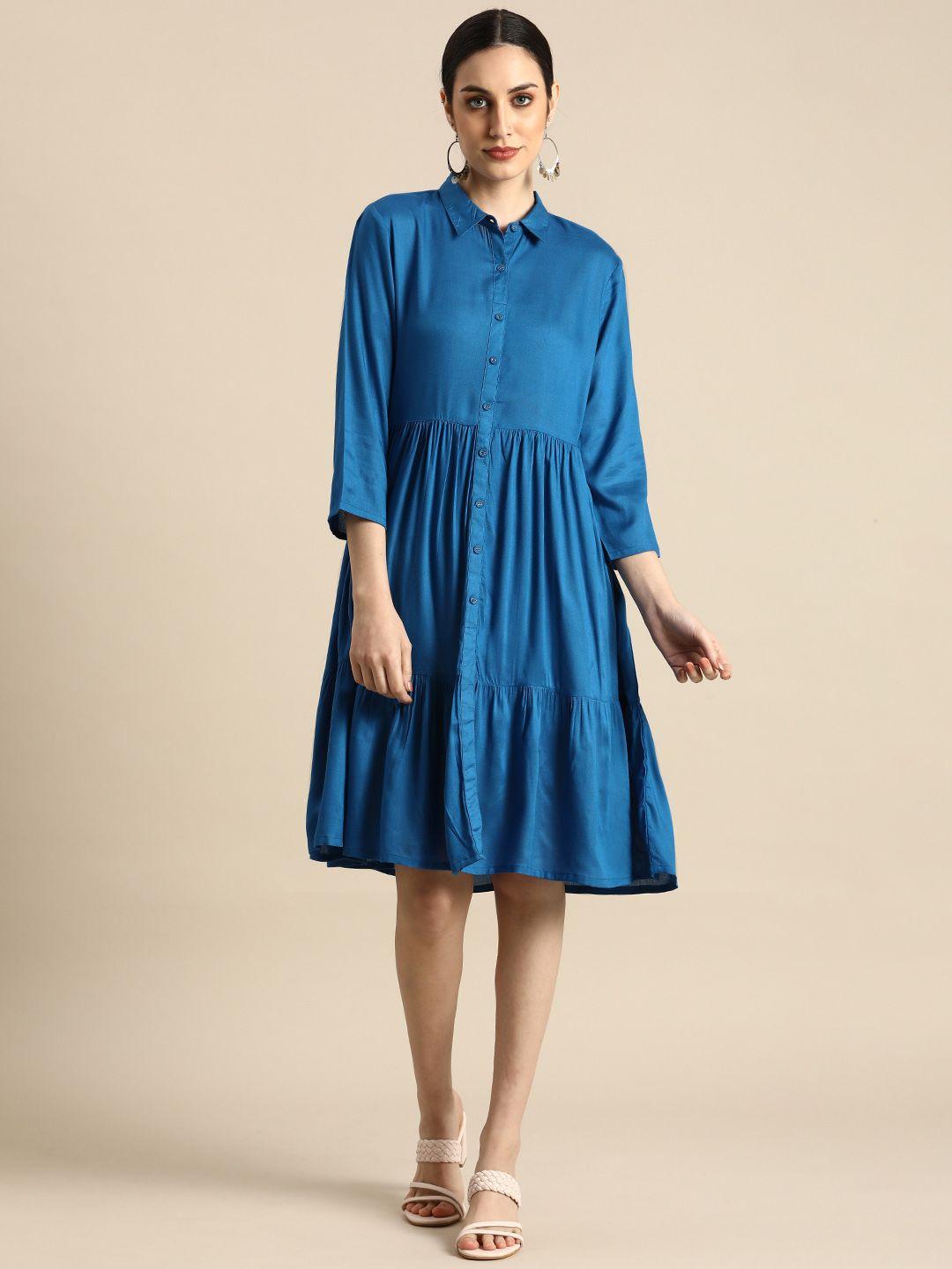 anouk blue solid shirt pleated and tiered pure cotton dress