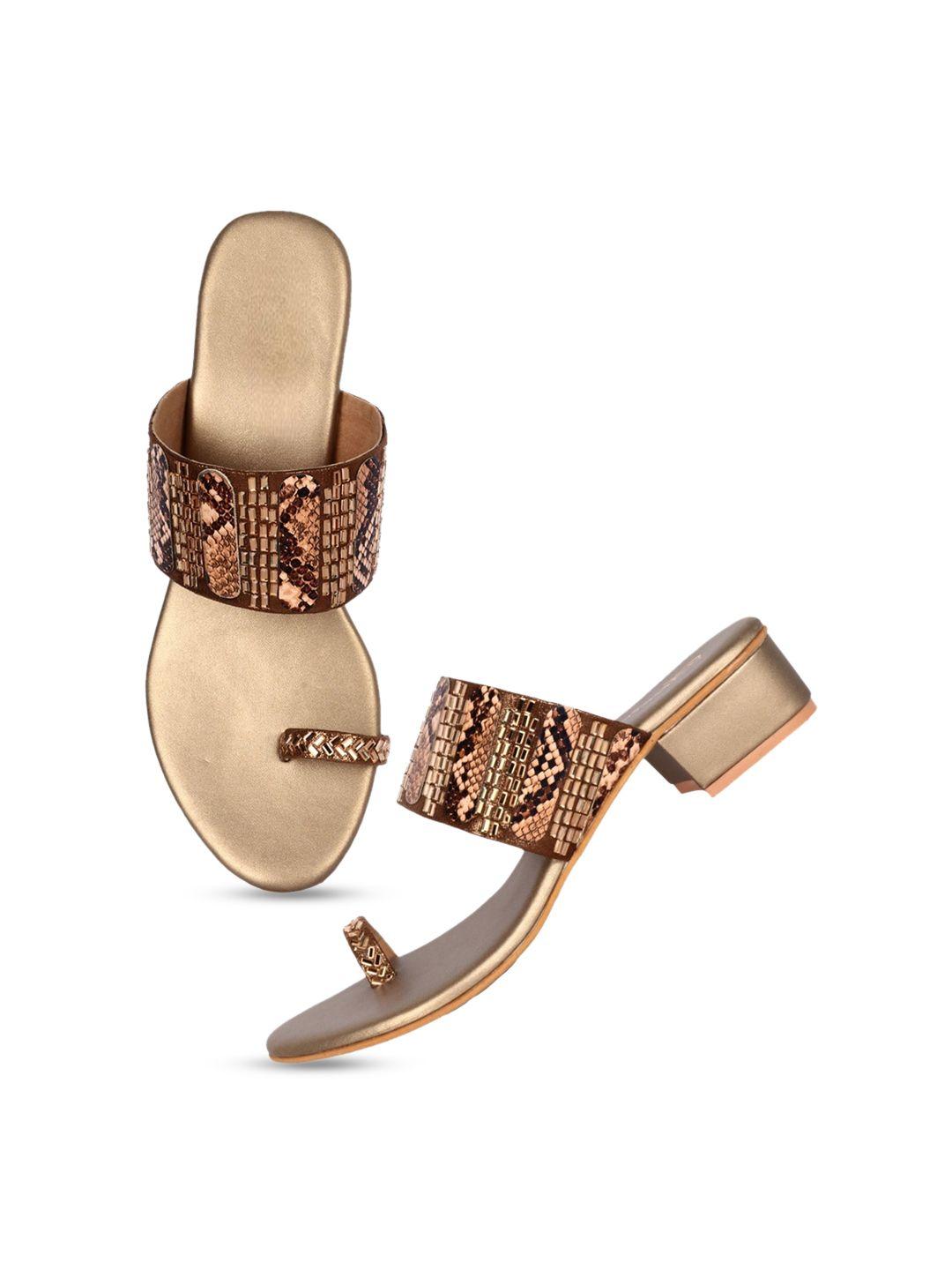 anouk bronze-toned printed embellished one toe block heels