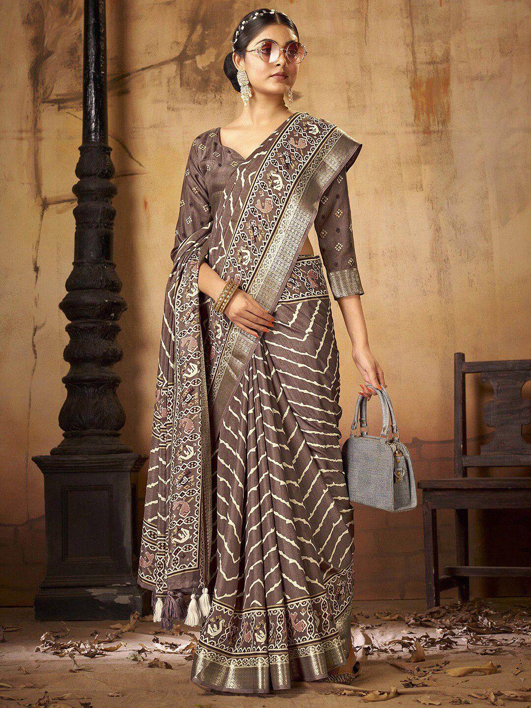 anouk brown & gold ethnic motifs printed zari art silk patola saree