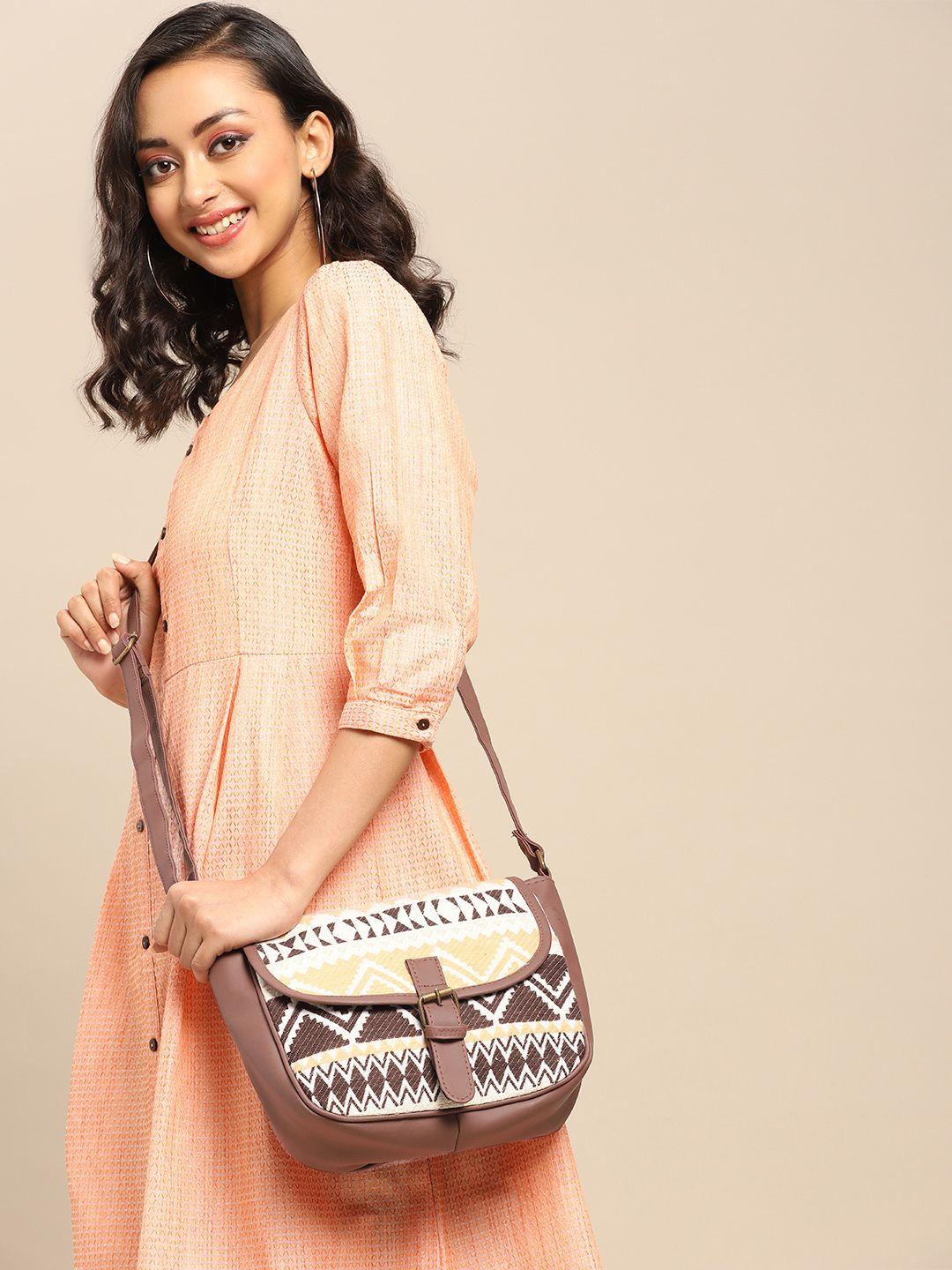 anouk brown & off-white jacquard woven design sling bag