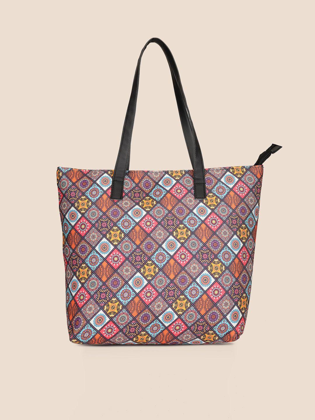 anouk brown & yellow ethnic motifs printed structured tote bag