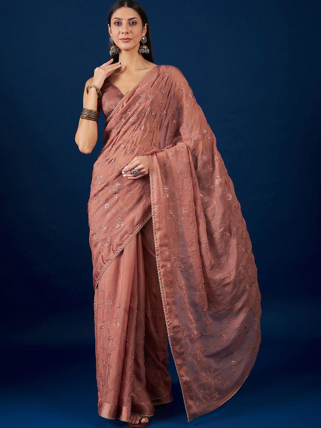 anouk brown floral embroidered organza saree