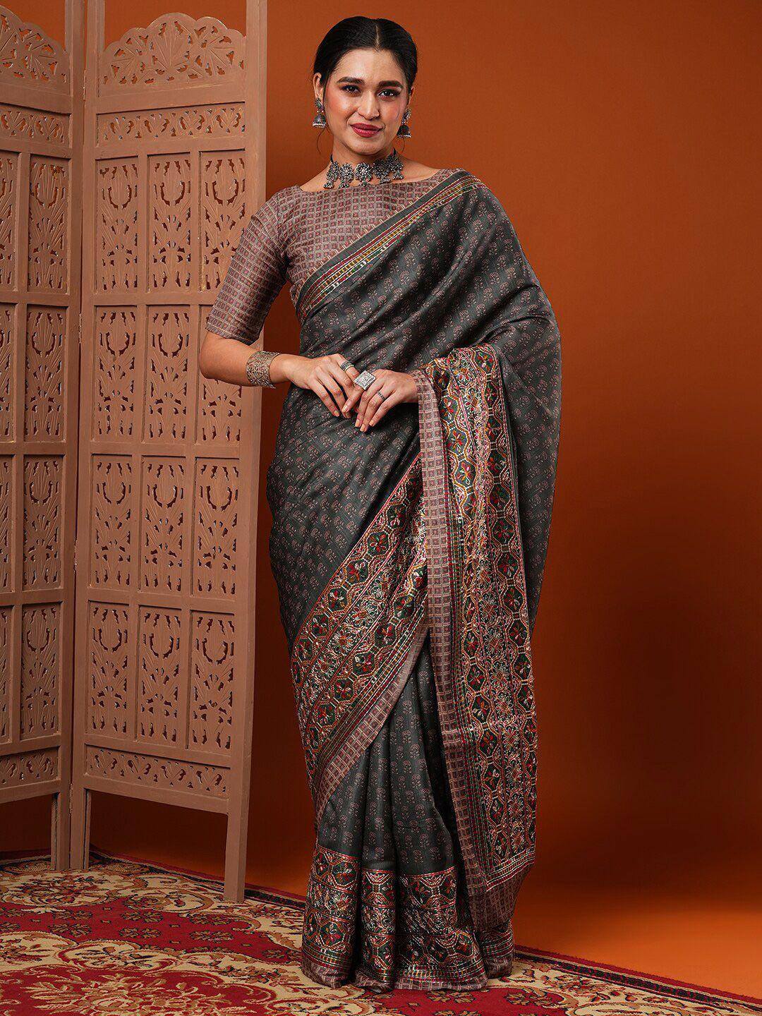 anouk charcoal & gold-toned bagh printed embroidered dola silk saree