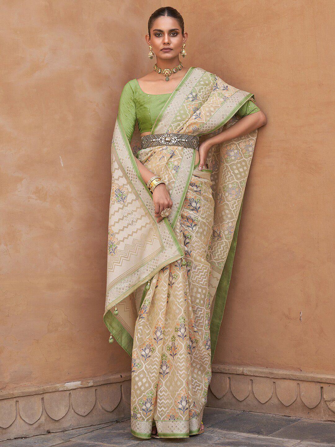 anouk cream-coloured & green floral printed  beads and stones organza saree