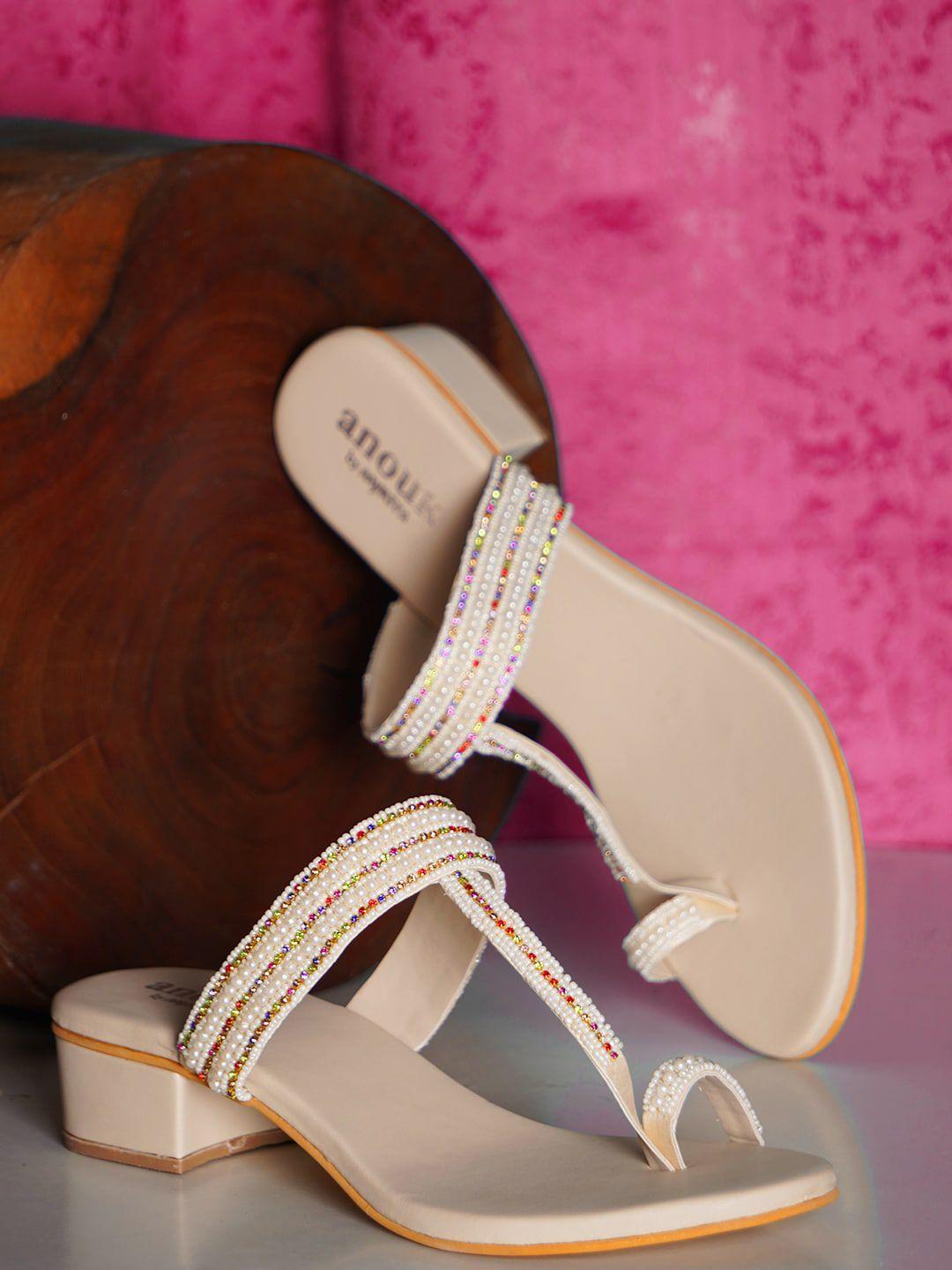 anouk cream-coloured and white embellished one toe block heels