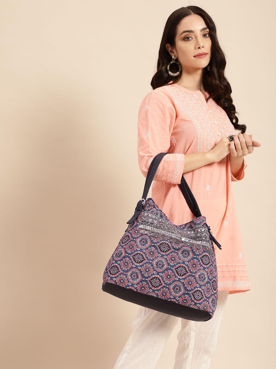 anouk embellished & ethnic motifs print oversized structured shoulder bag with zip detail