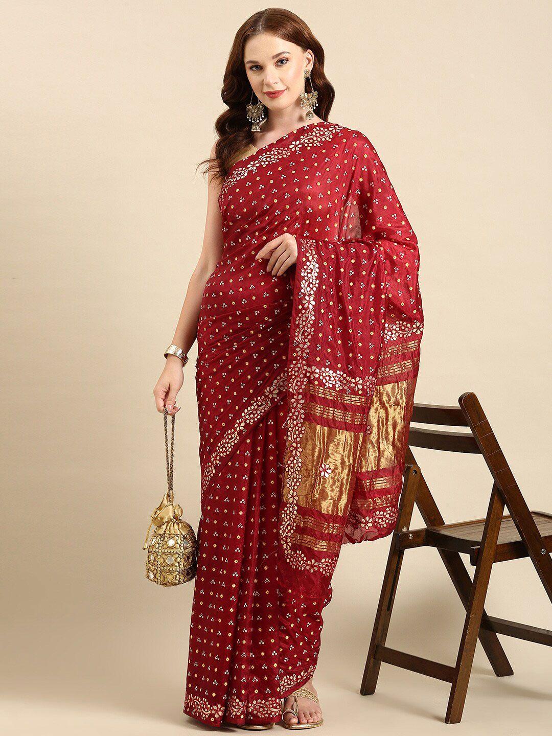 anouk embroidered art silk bandhani saree with blouse piece
