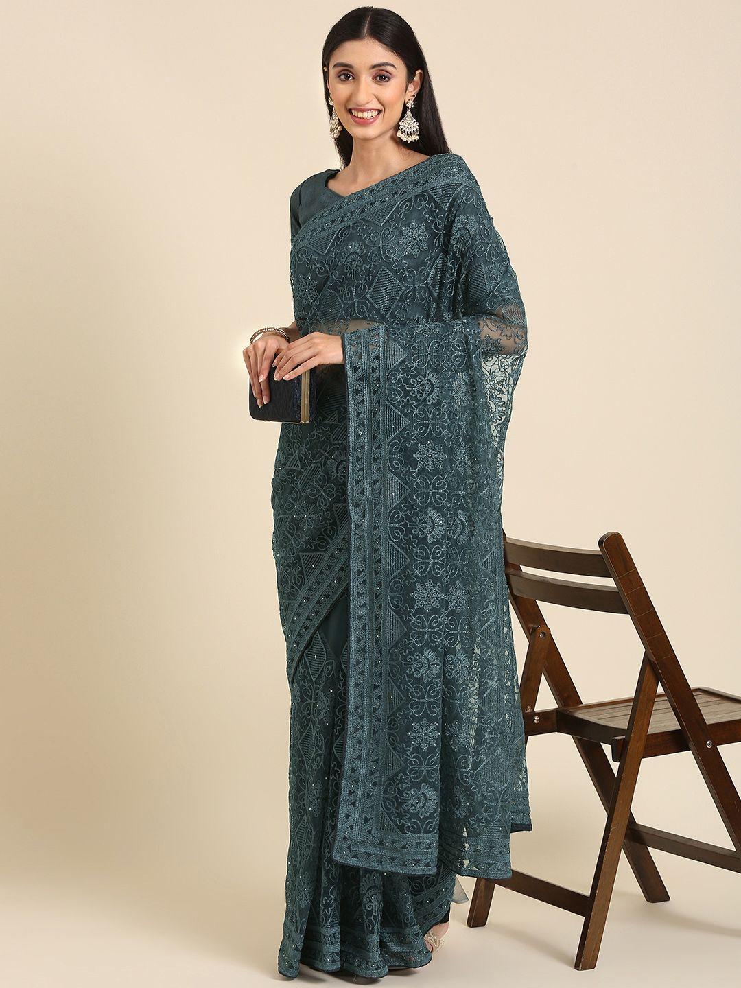 anouk ethnic motifs embroidered stones-studded net saree