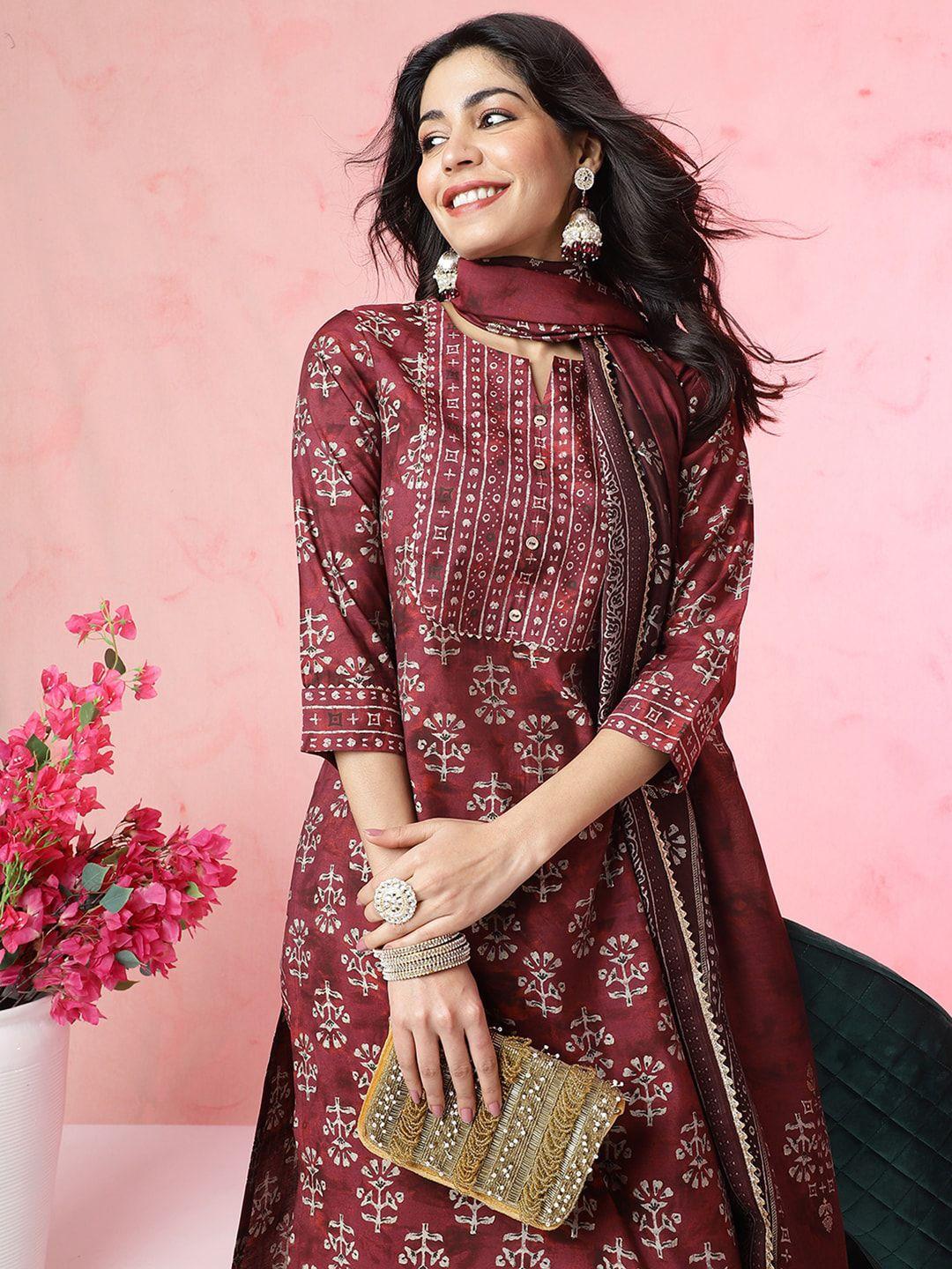 anouk ethnic motifs printed chanderi silk kurta with trousers & with dupatta