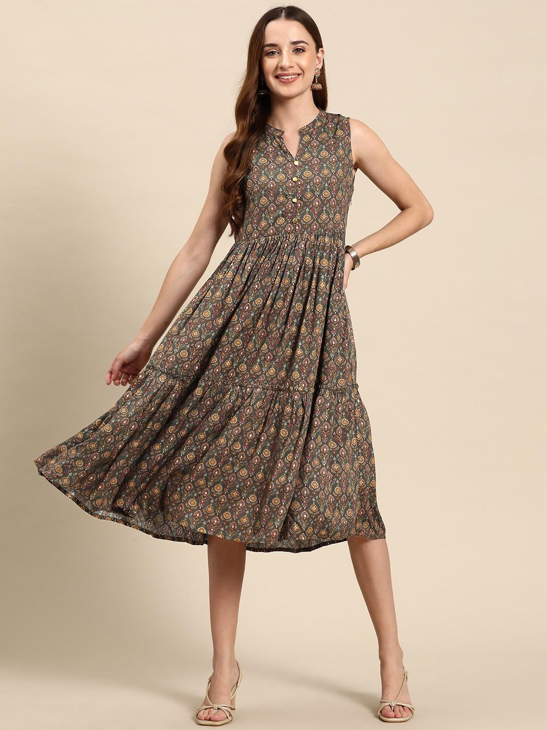 anouk ethnic motifs printed pleated fit & flare dress