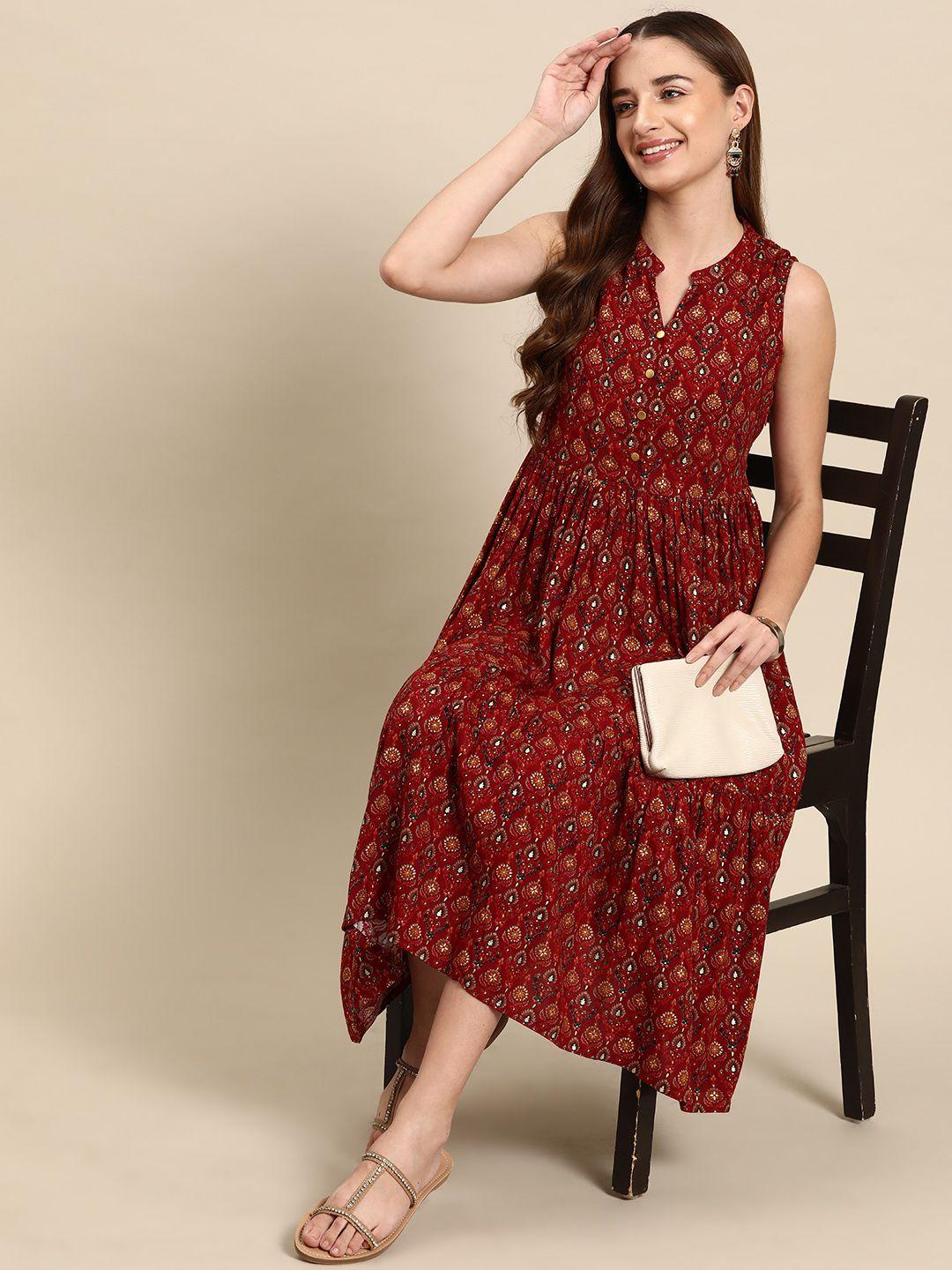 anouk ethnic motifs printed pleated fit & flare dress