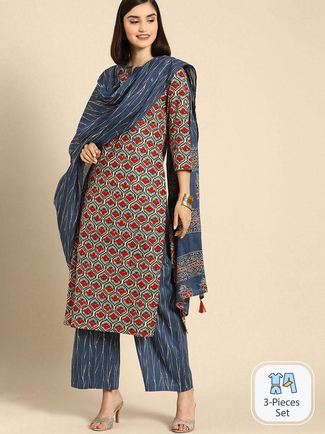anouk ethnic motifs printed pure cotton straight kurta & palazzos with dupatta