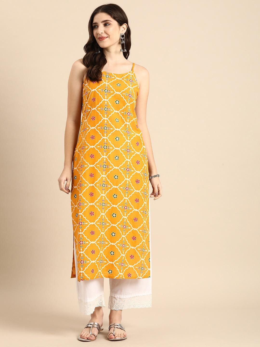 anouk ethnic motifs printed sleeveless pure cotton straight kurta