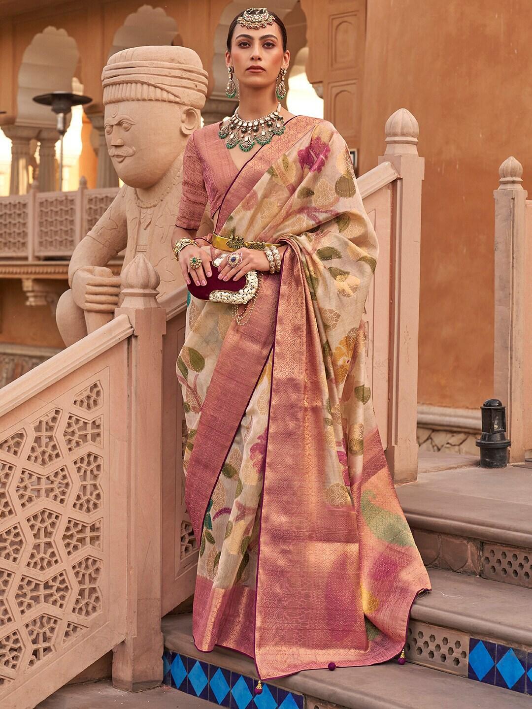 anouk ethnic motifs woven design zari organza banarasi saree
