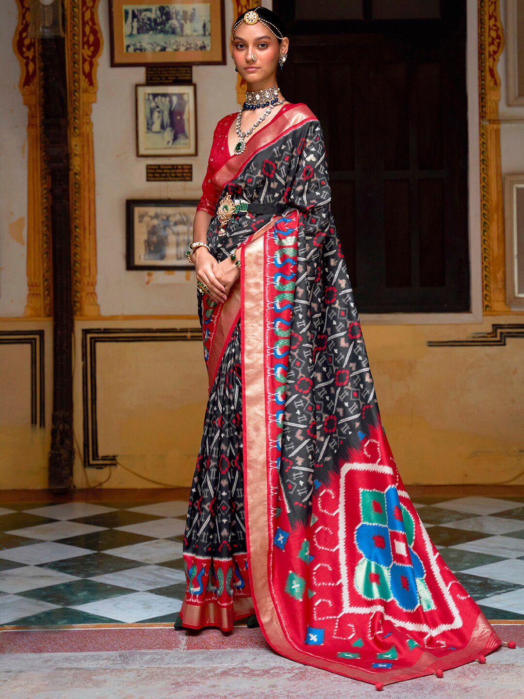 anouk ethnic motifs zari ikat silk blend ikat saree