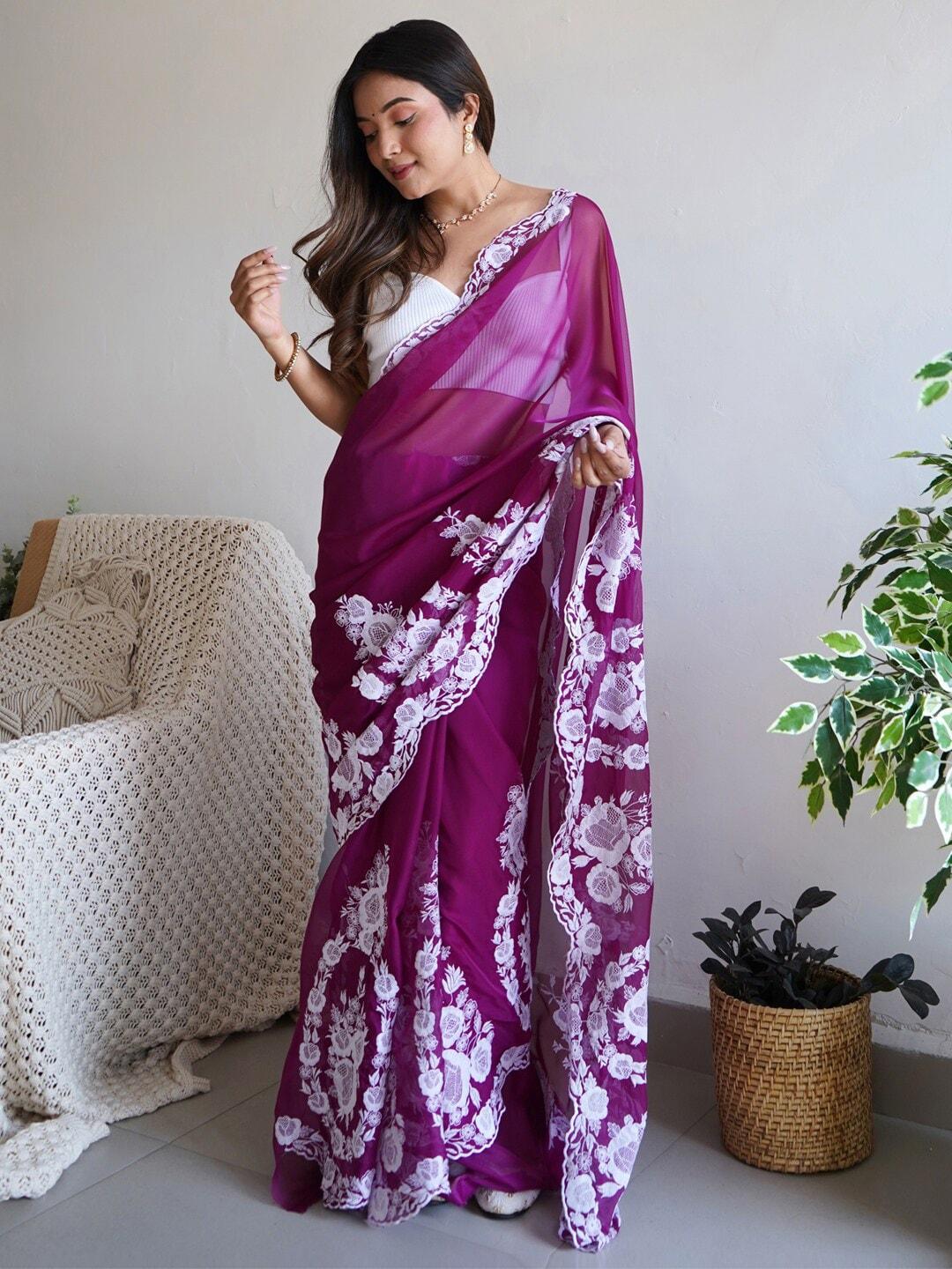 anouk floral embroidered organza saree