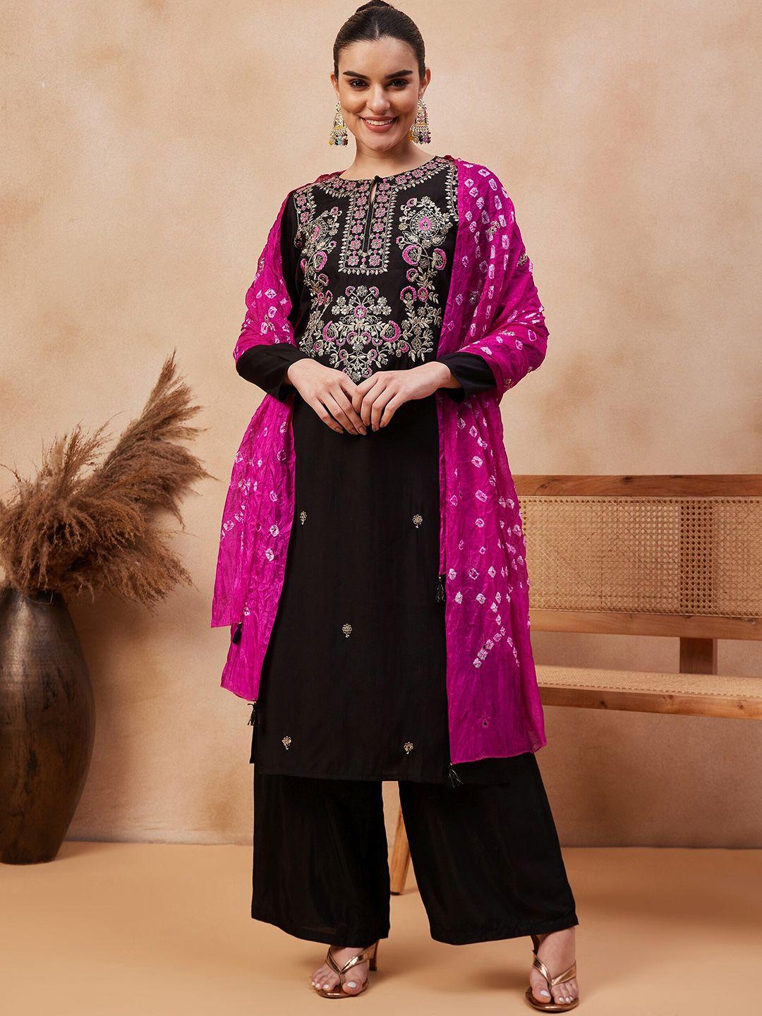 anouk floral embroidered regular thread work pure silk kurta with palazzos & dupatta