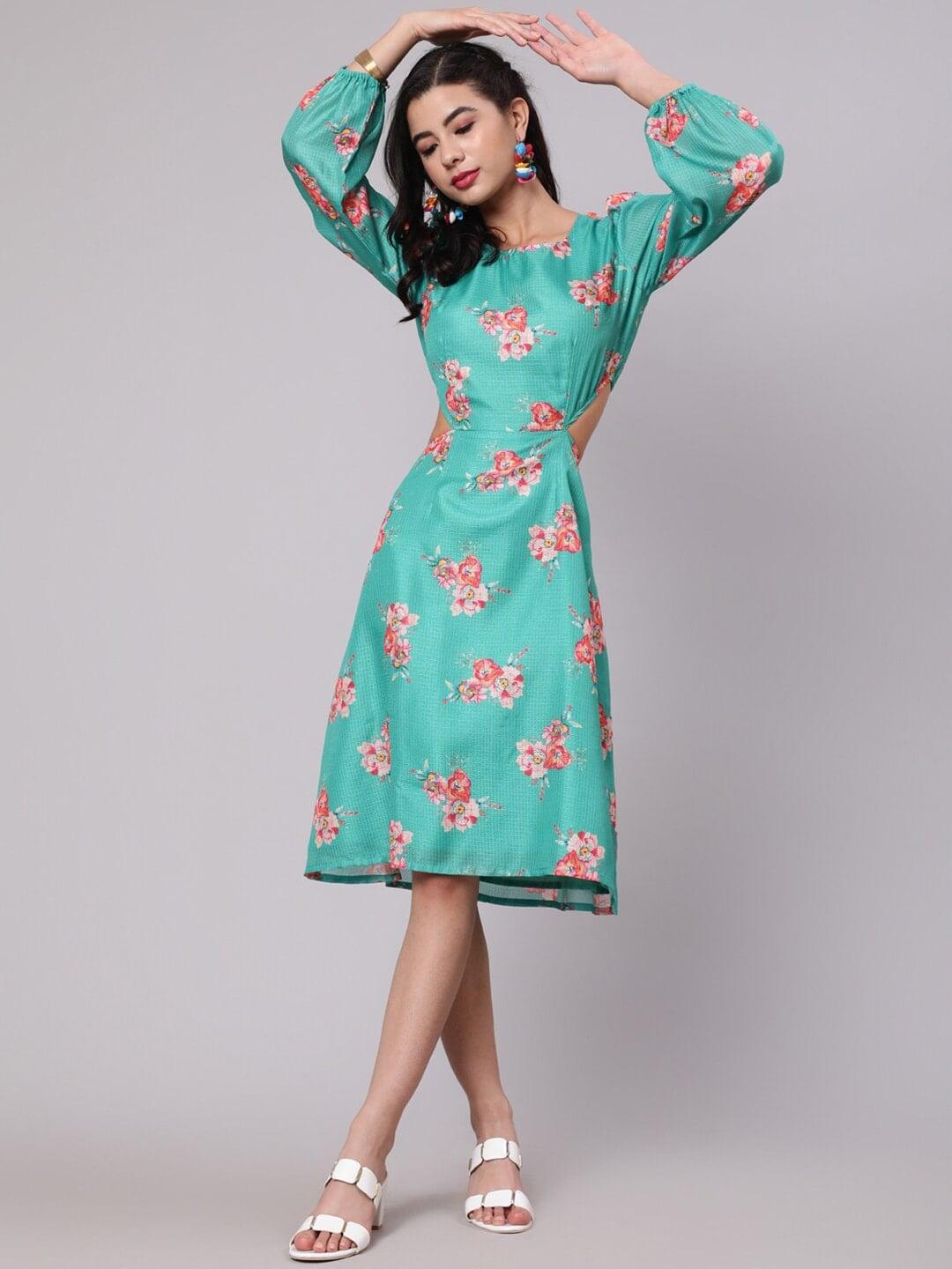 anouk floral print cut-out bishop sleeves fit & flare cotton knee length dress