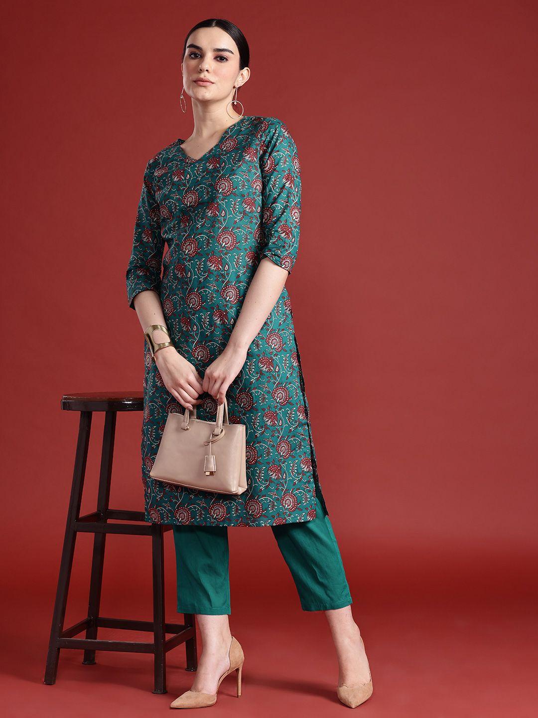 anouk floral print pure cotton kurta with trousers
