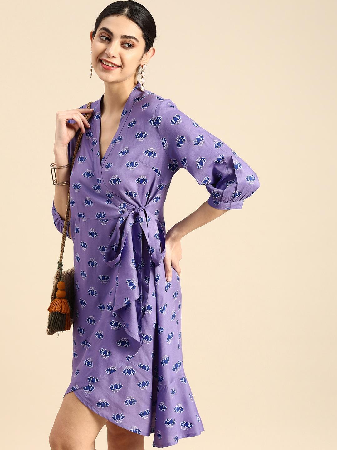 anouk floral printed belted wrap dress