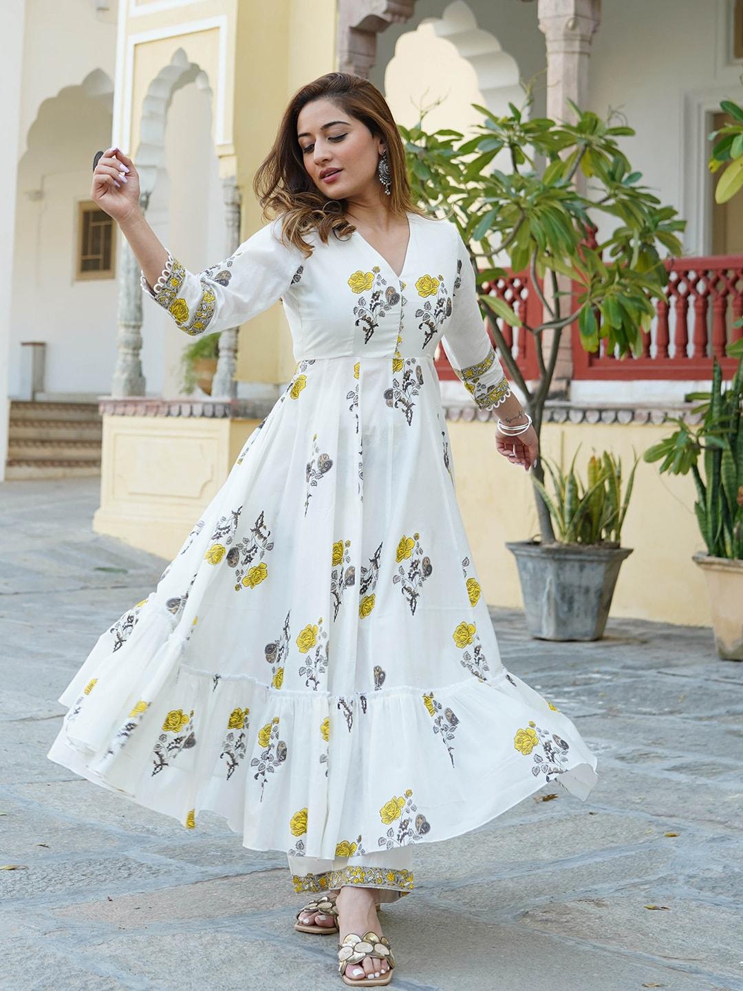 anouk floral printed empire pure cotton anarkali kurta with trousers