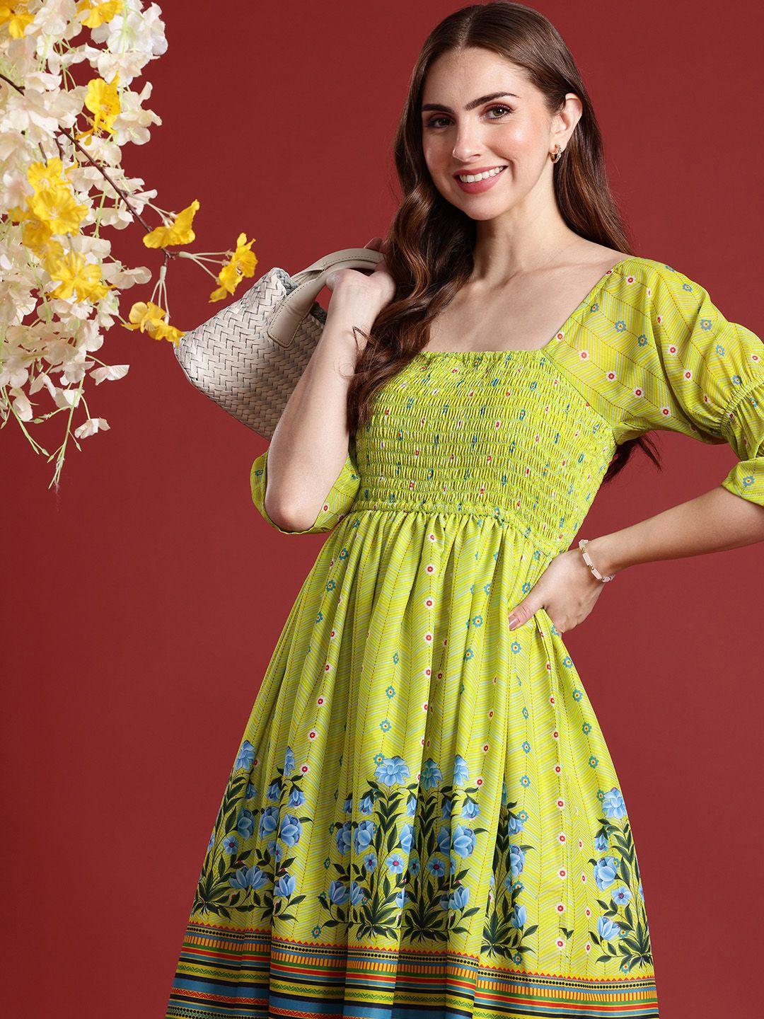 anouk-floral-printed-fit-&-flared-smocked-ethnic-dress