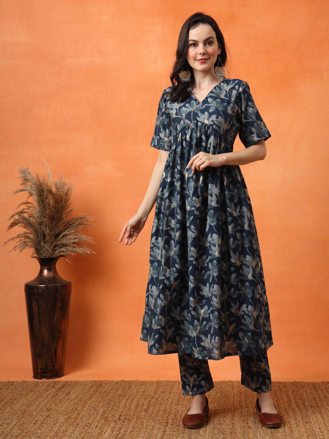 anouk floral printed pleated kurta with trousers