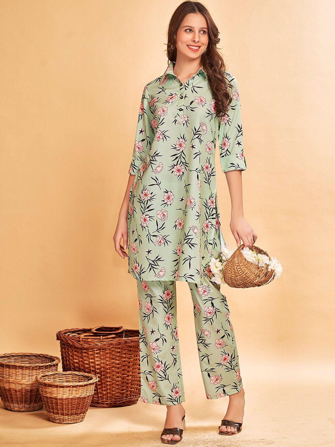 anouk floral printed shirt collar tunic & trouser co-ords