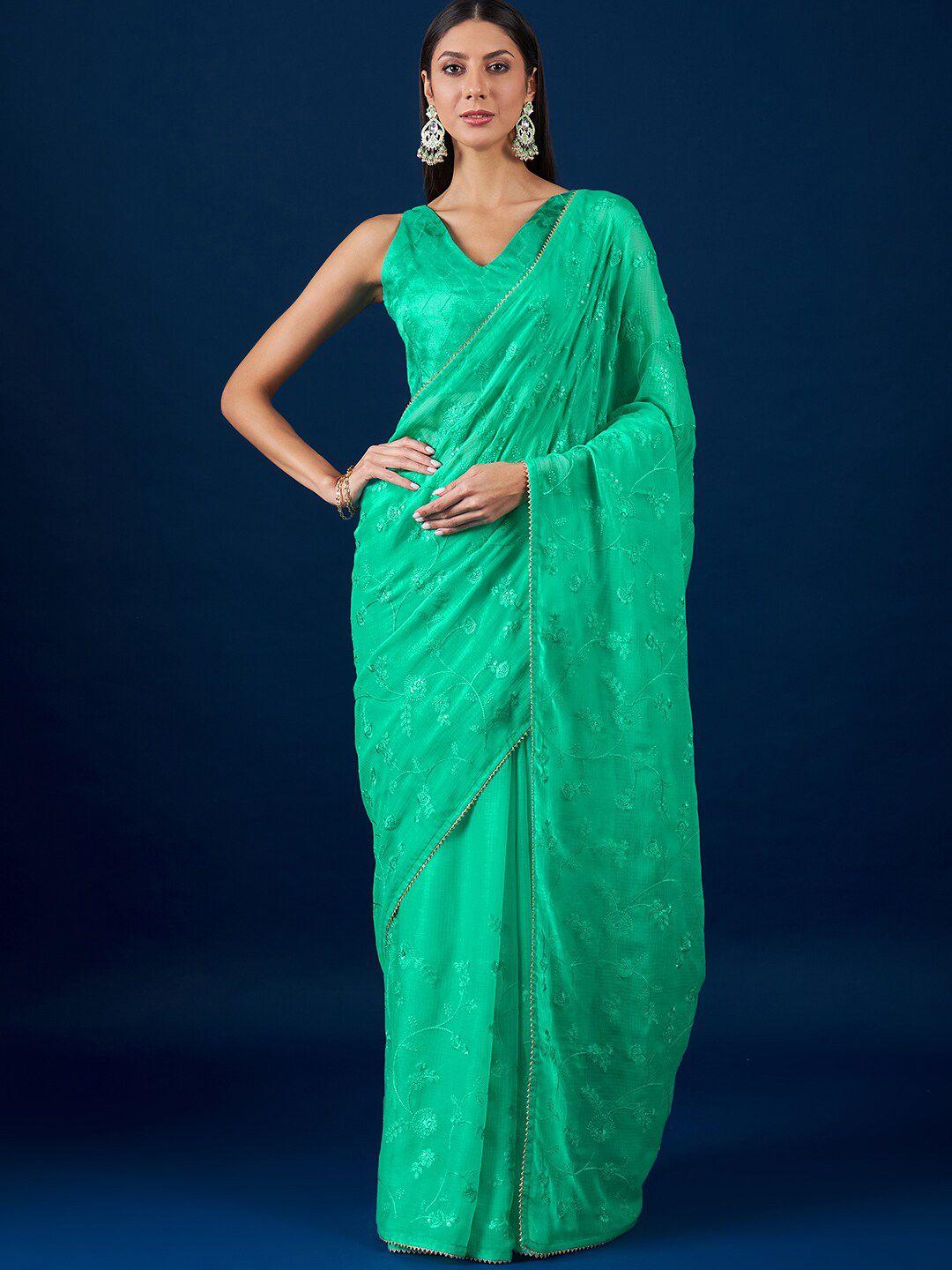 anouk fluorescent green floral embroidered pure chiffon saree