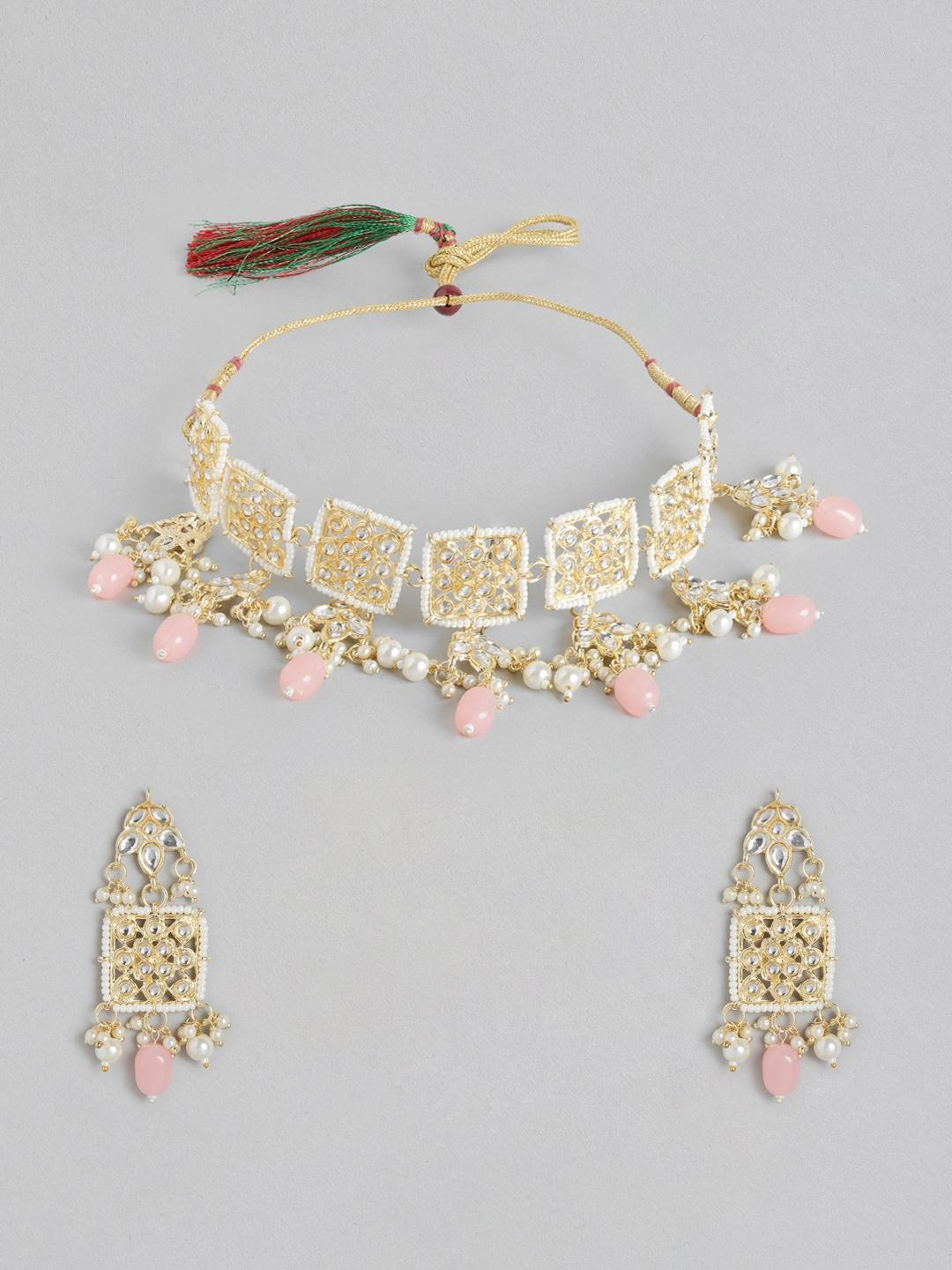 anouk gold-toned & pink stone studded & beaded jewellery set