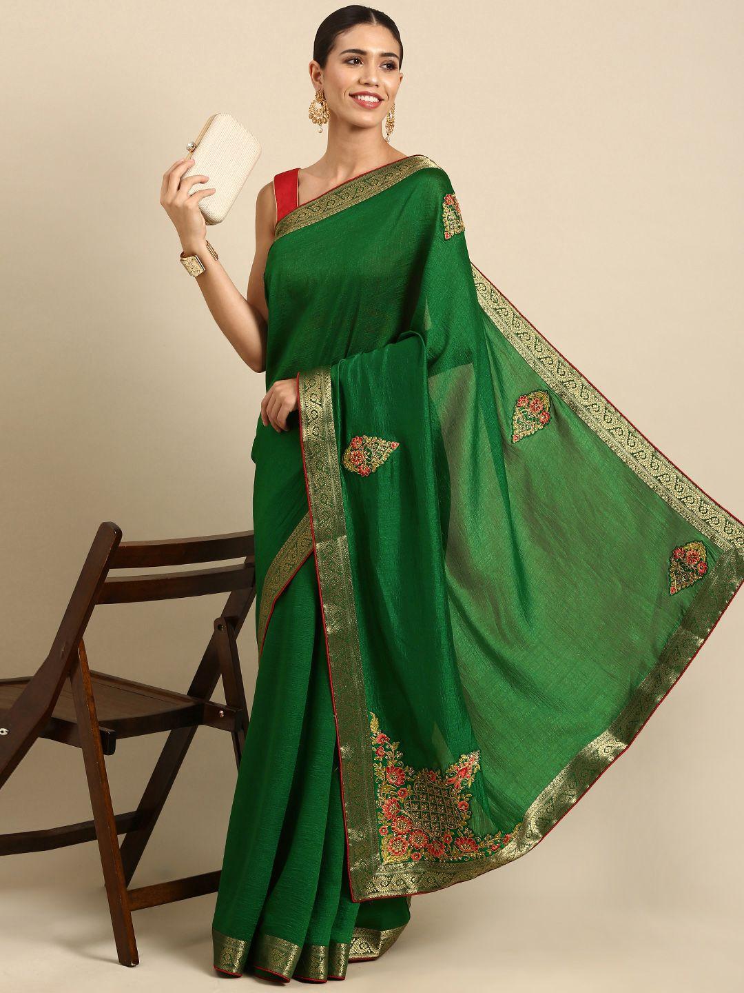 anouk green & gold-toned ethnic motifs embroidered silk blend banarasi saree
