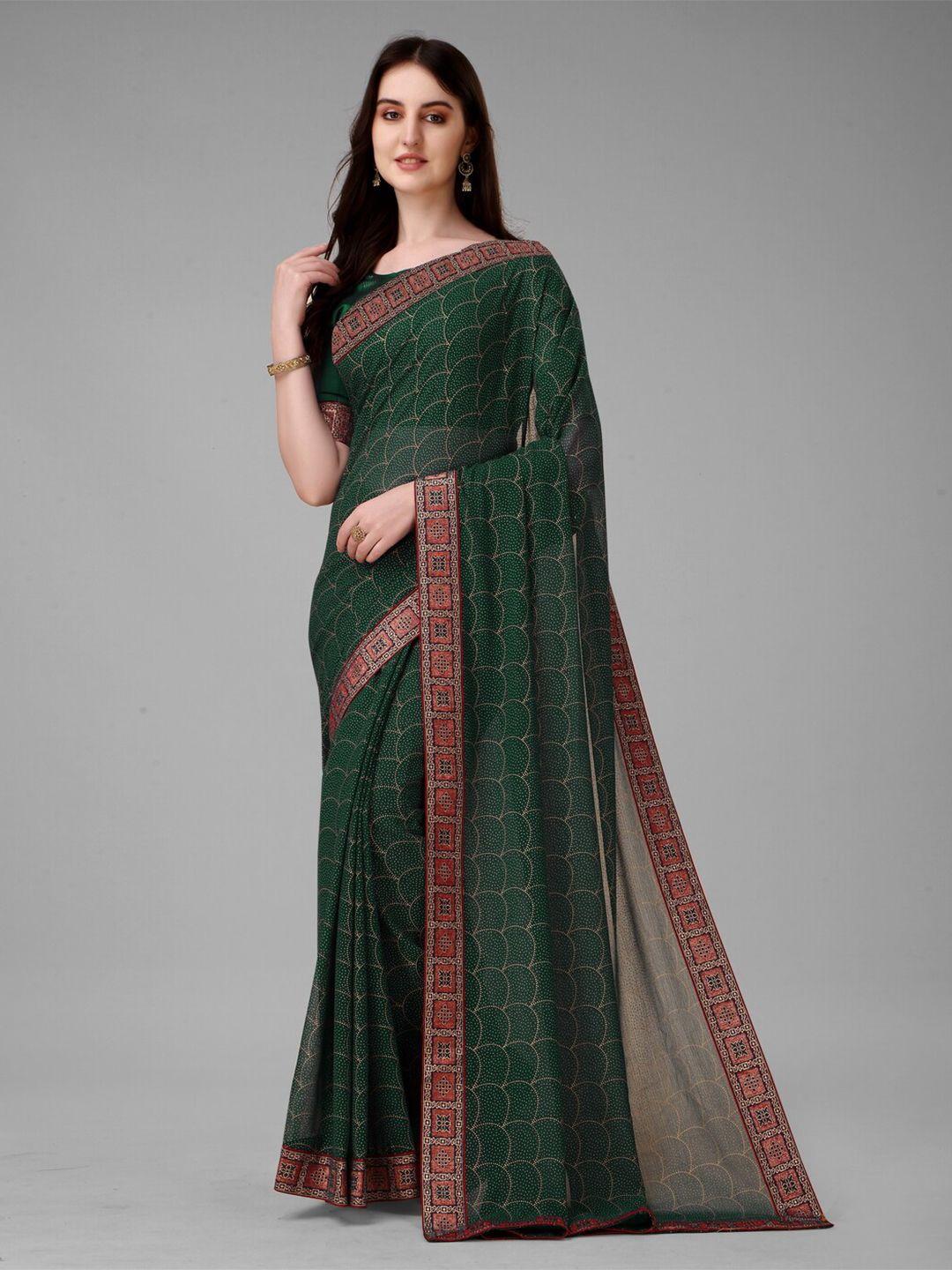 anouk green & gold-toned printed silk blend saree
