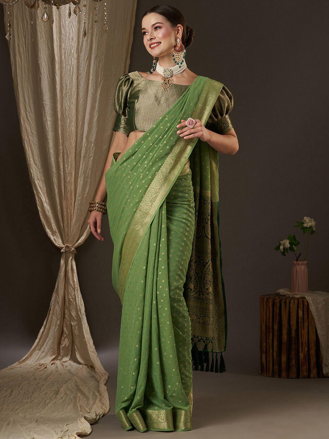 anouk green & gold-toned woven design zari pure georgette kanjeevaram saree