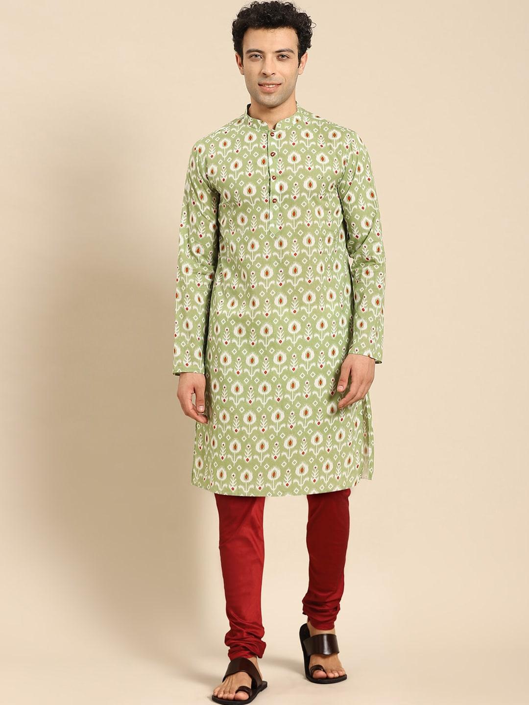 anouk green & maroon ethnic motifs printed straight kurta with churidar