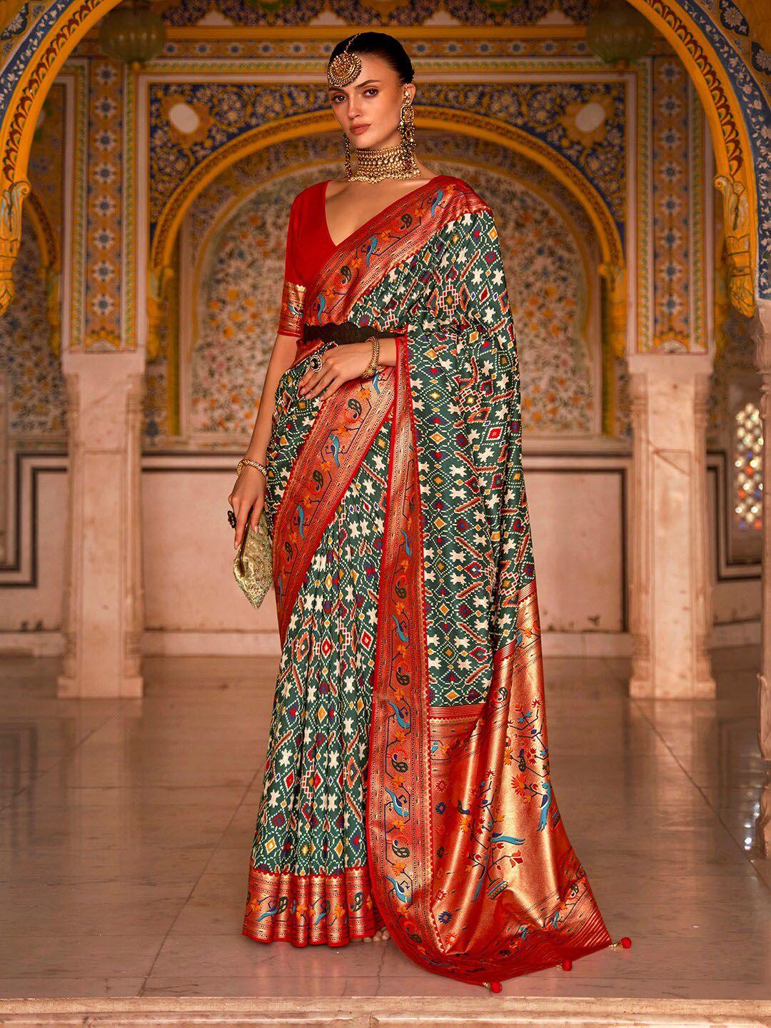 anouk green & red ethnic motifs printed zari banarasi saree