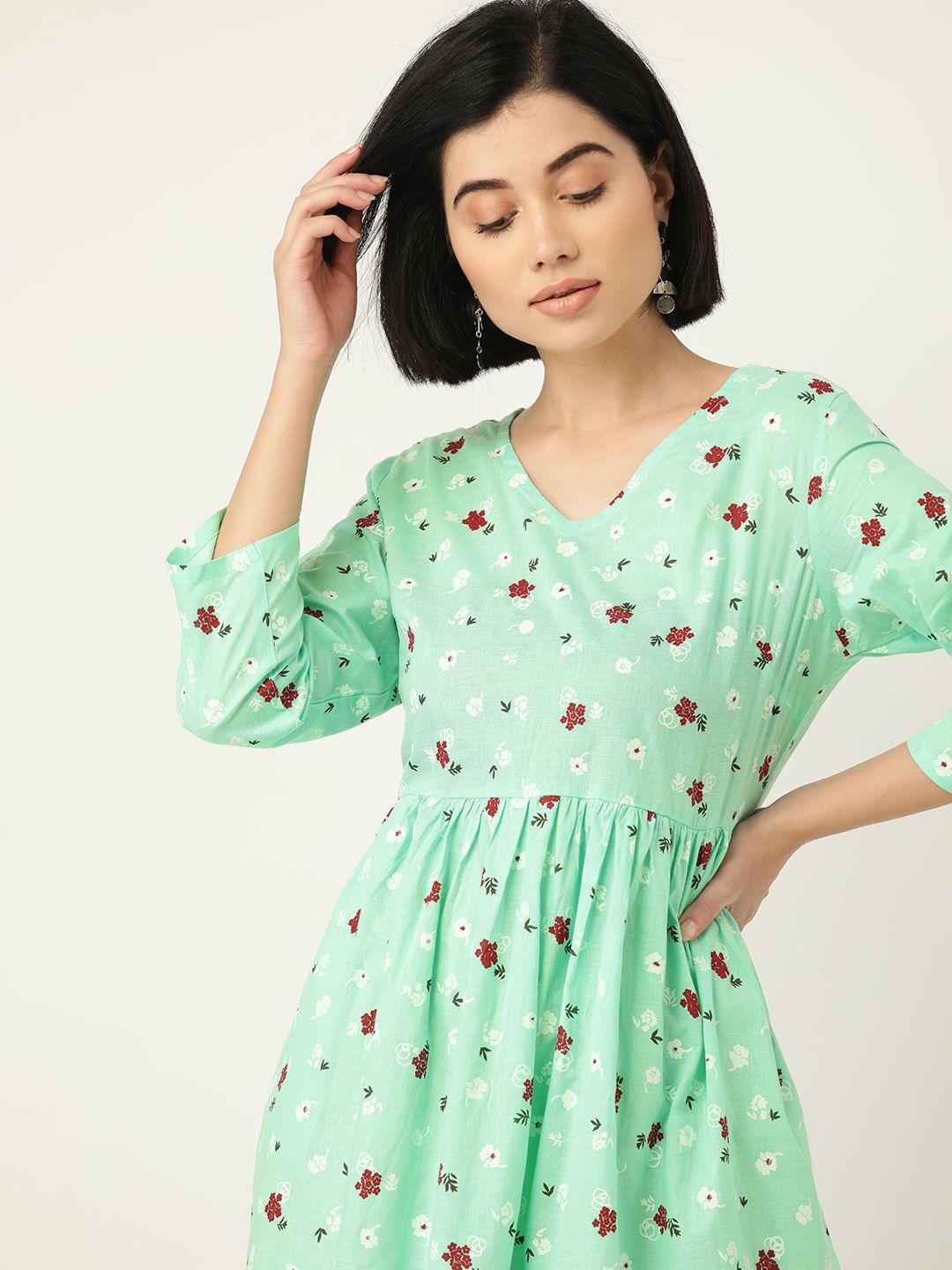 anouk green & red pure cotton floral printed a-line midi dress