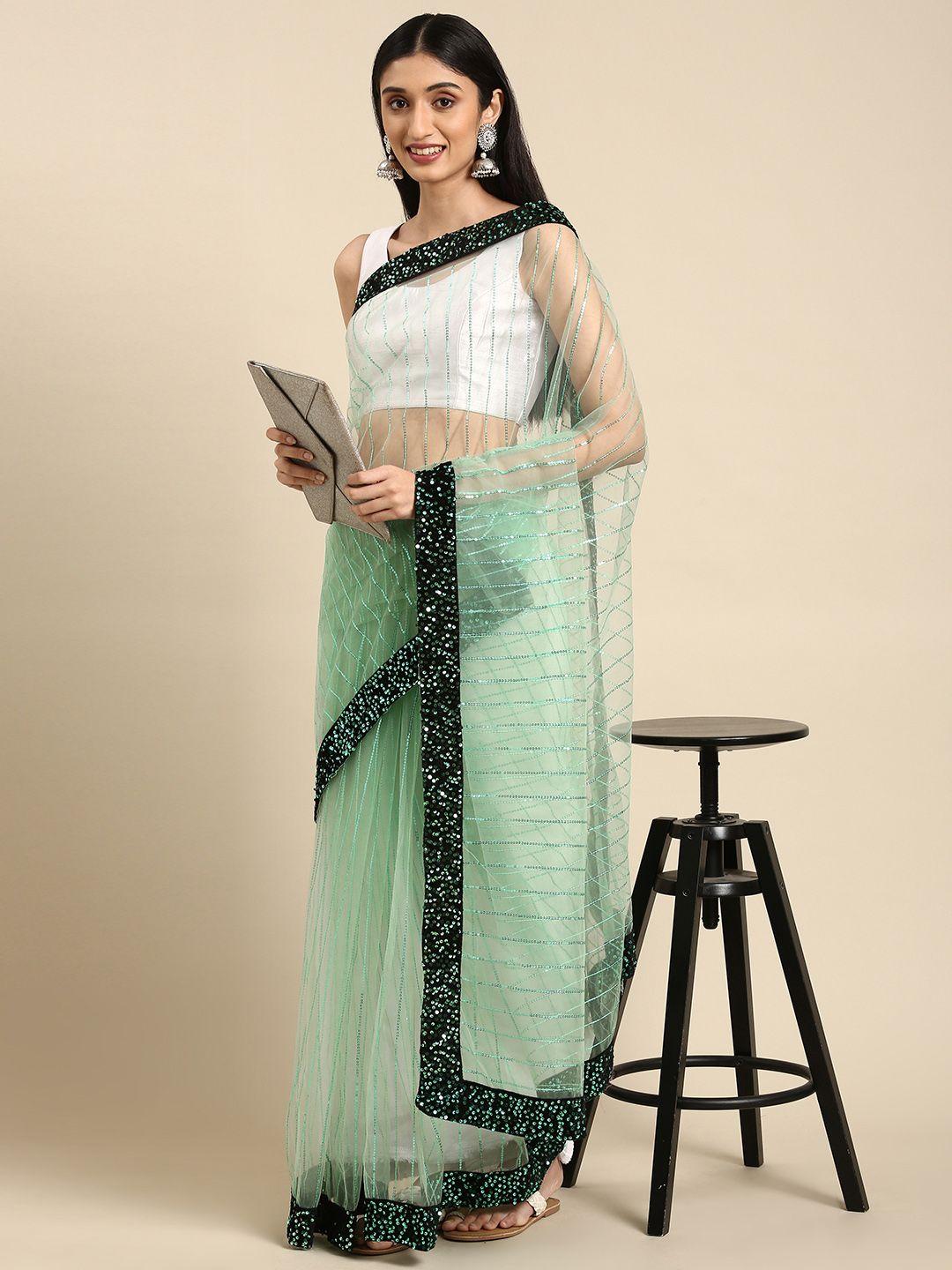 anouk green sequinned net saree