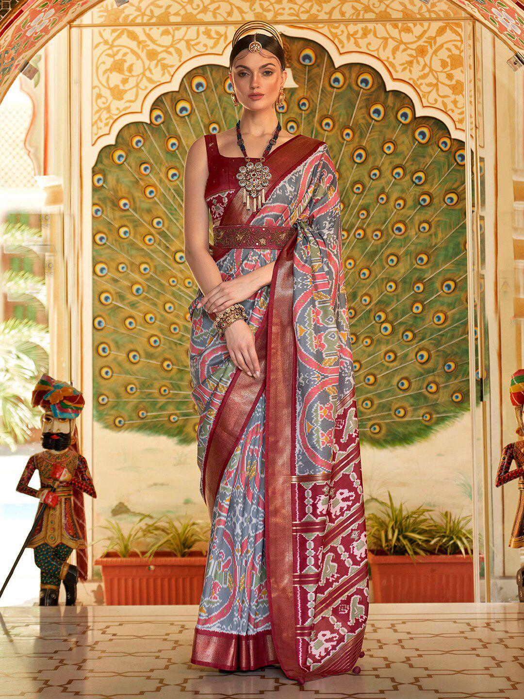 anouk grey & maroon ethnic motifs zari silk blend patola saree