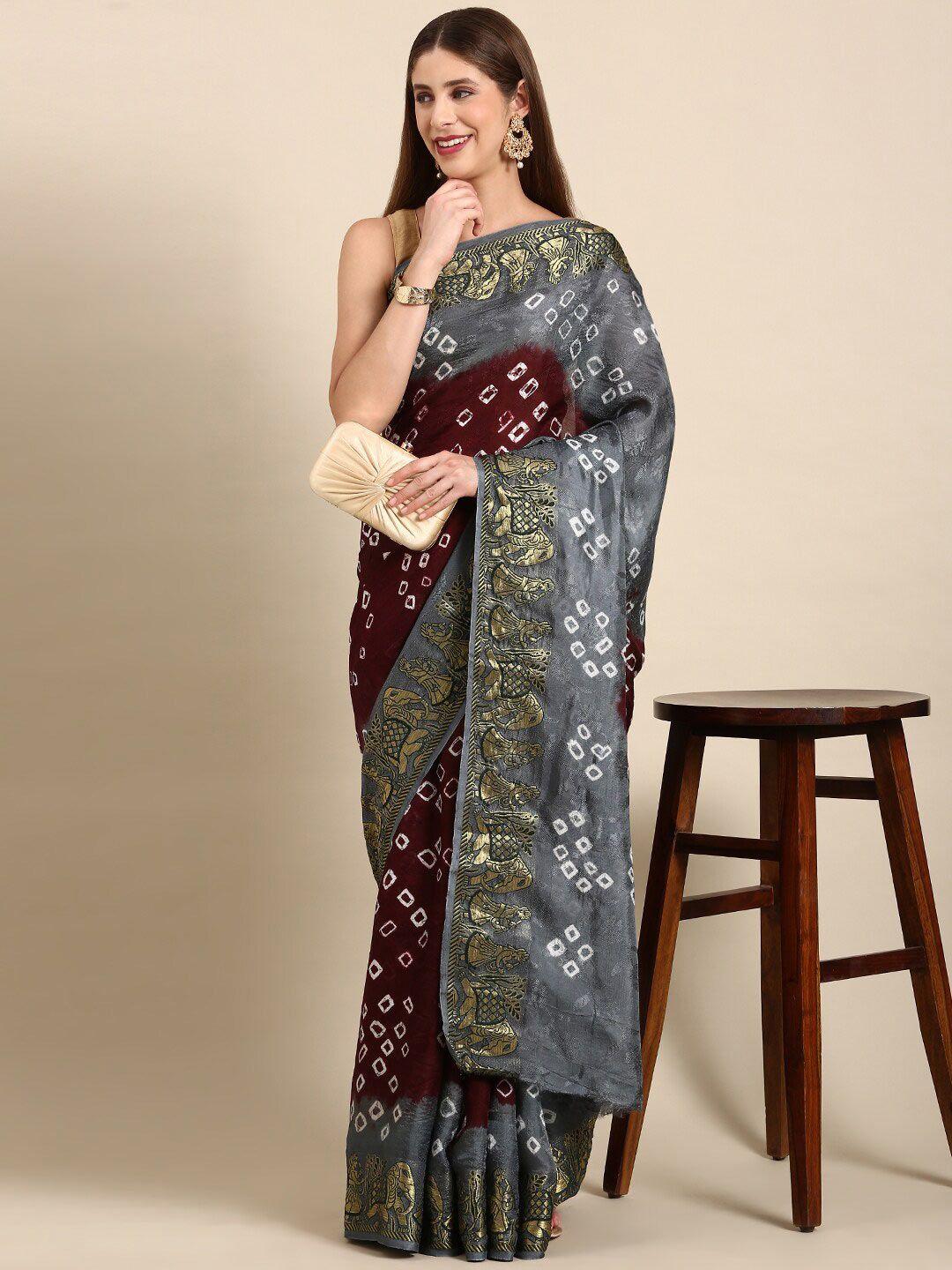 anouk maroon & grey bandhani printed saree