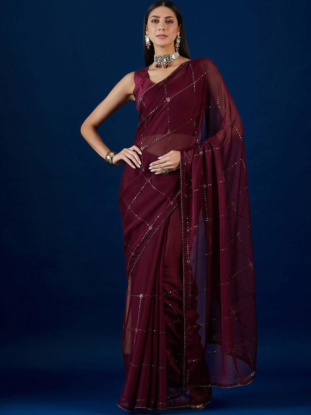 anouk maroon embellished sequinned pure chiffon saree