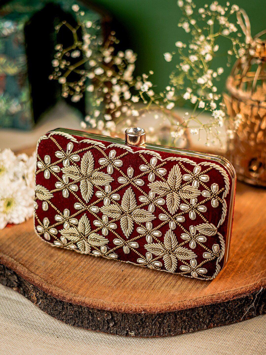 anouk maroon embroidered embellished box clutch