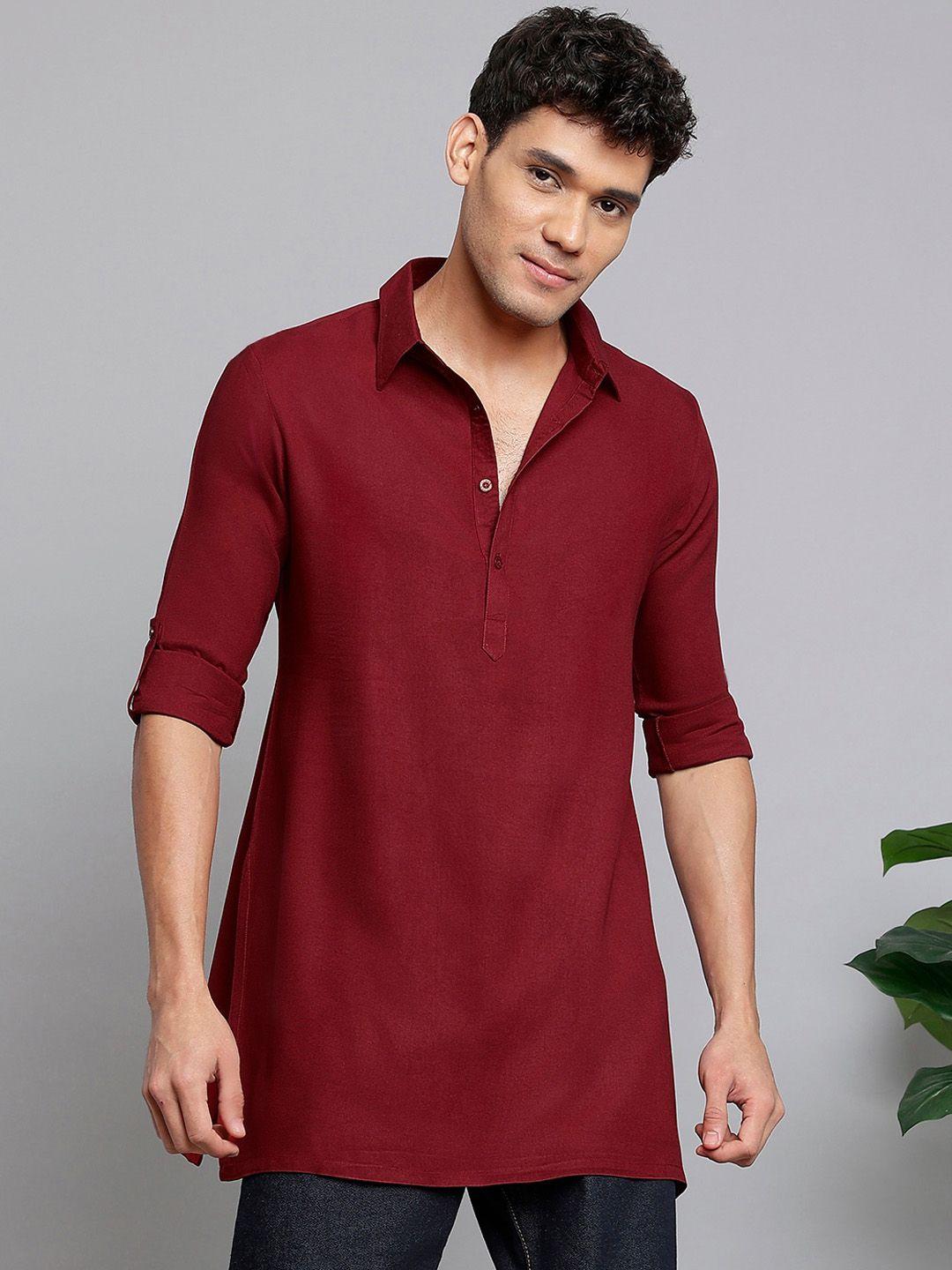 anouk maroon shirt collar roll-up sleeves straight kurta