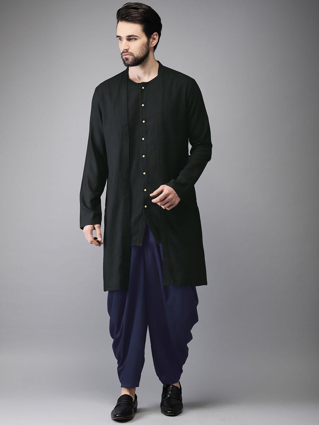 anouk men black & navy solid layered kurta with dhoti pants