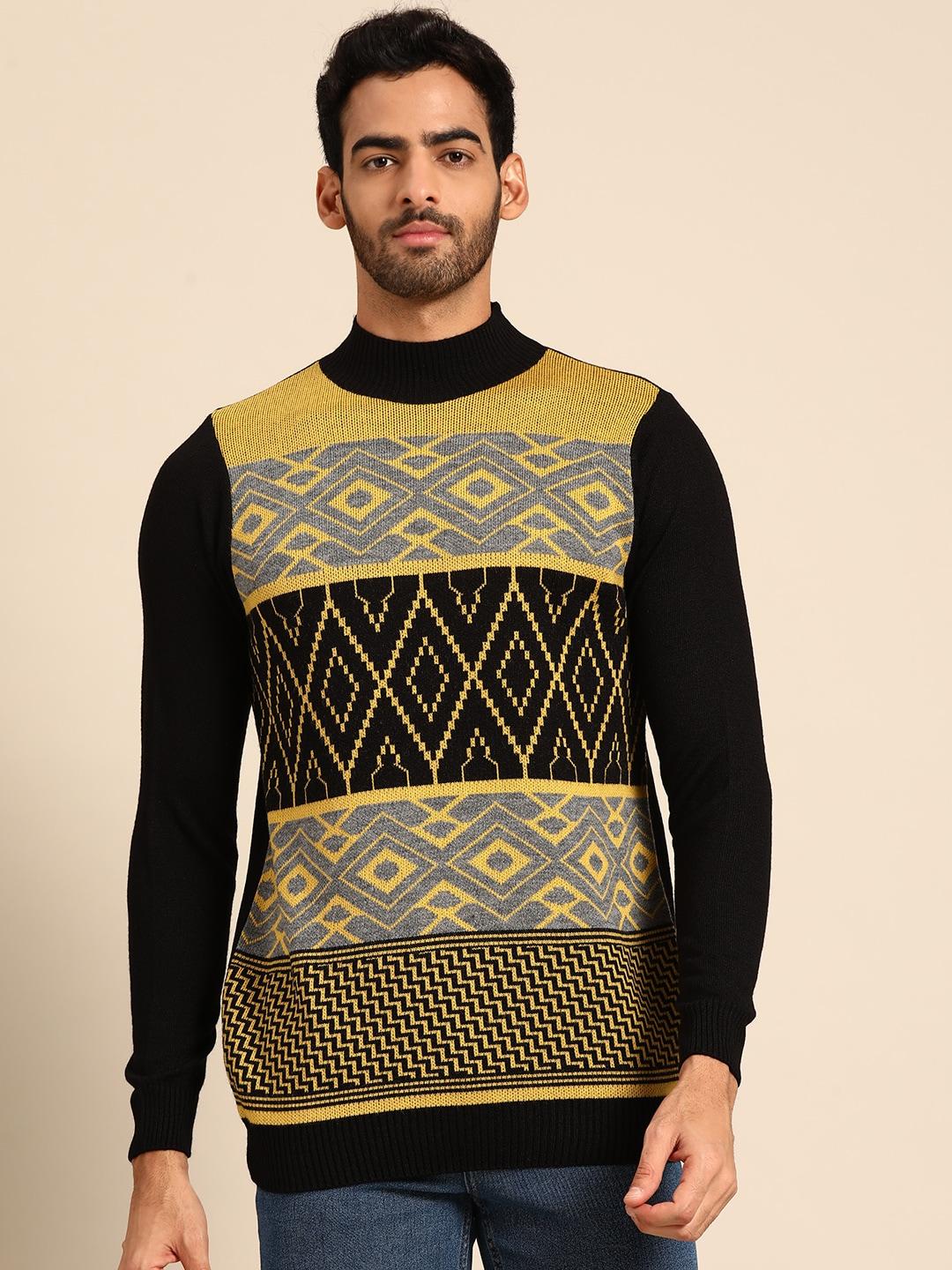 anouk men black & yellow printed pullover