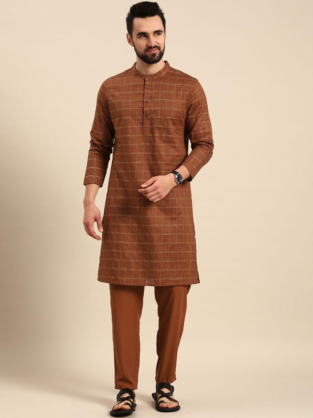 anouk men brown pure cotton checked kurta with solid trousers