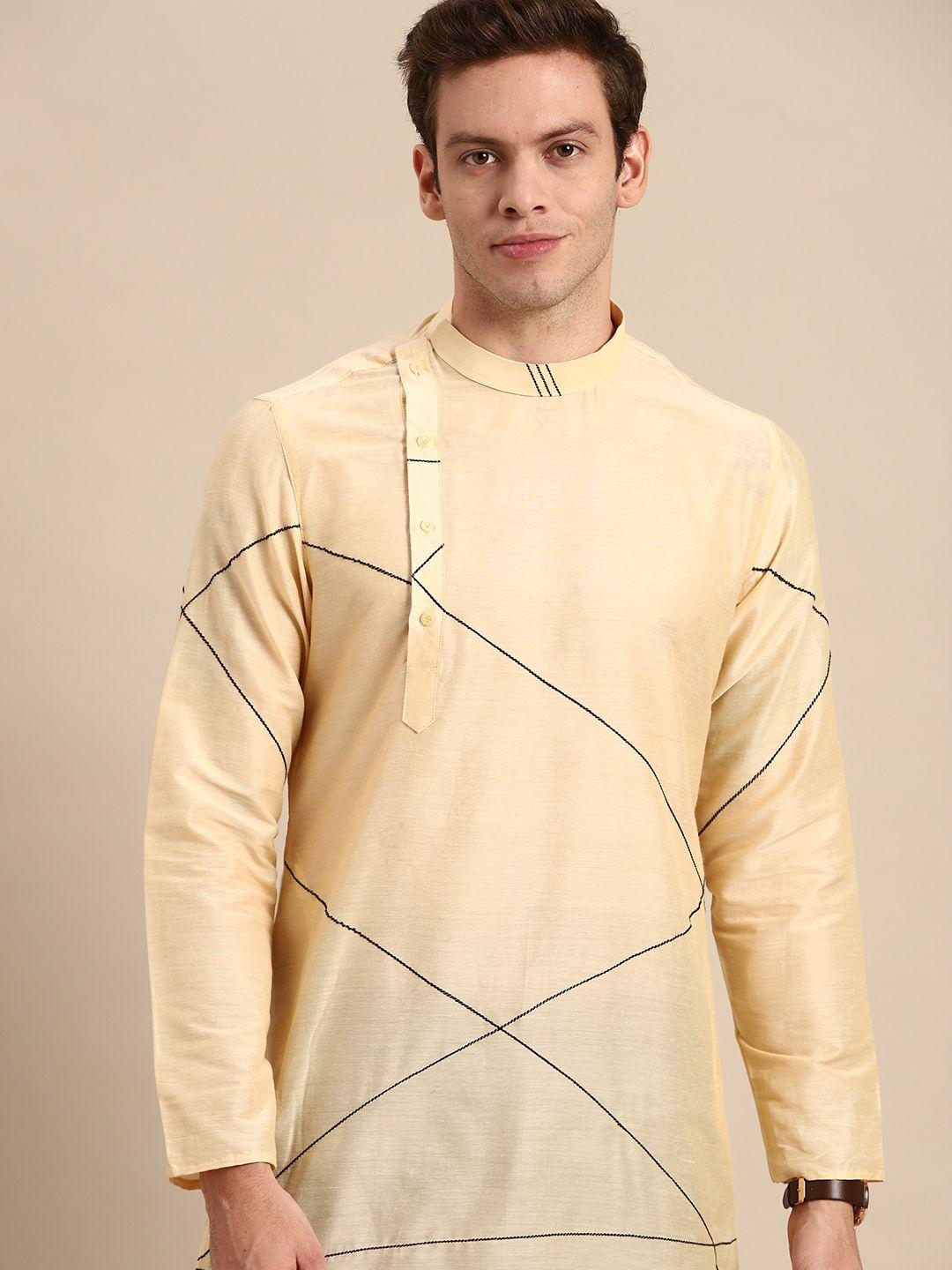 anouk men cream-coloured geometric embroidered cotton silk kurta