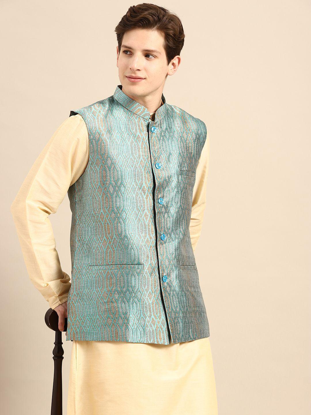 anouk men cream-coloured solid straight sustainable kurta pyjamas & woven nehru jacket