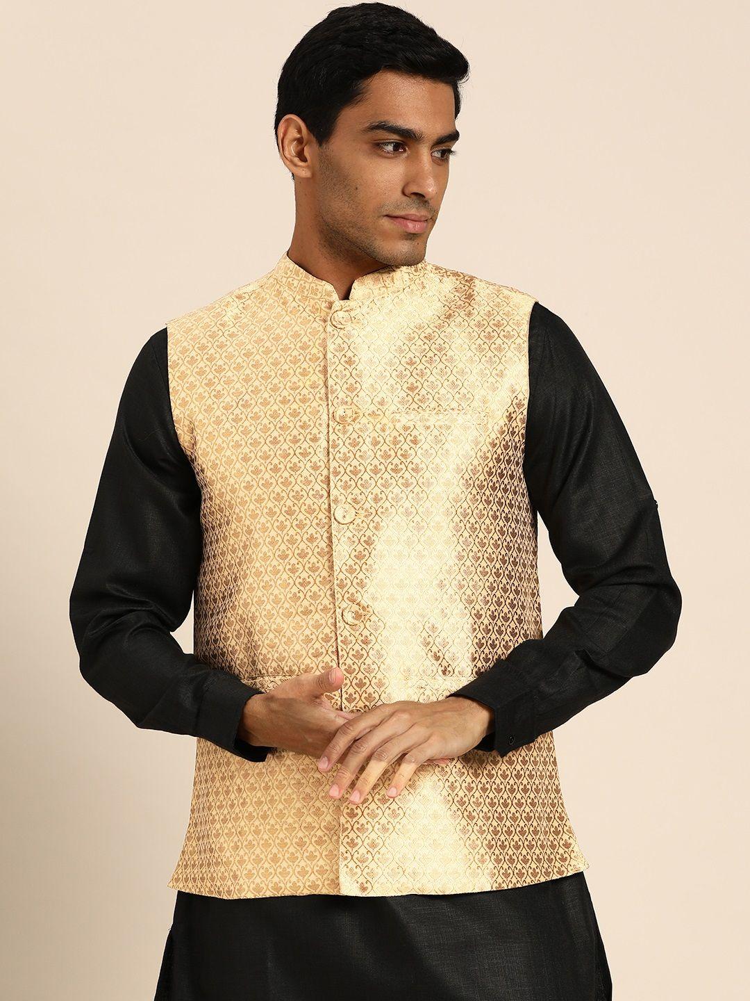 anouk men golden ethnic motif woven design nehru jacket