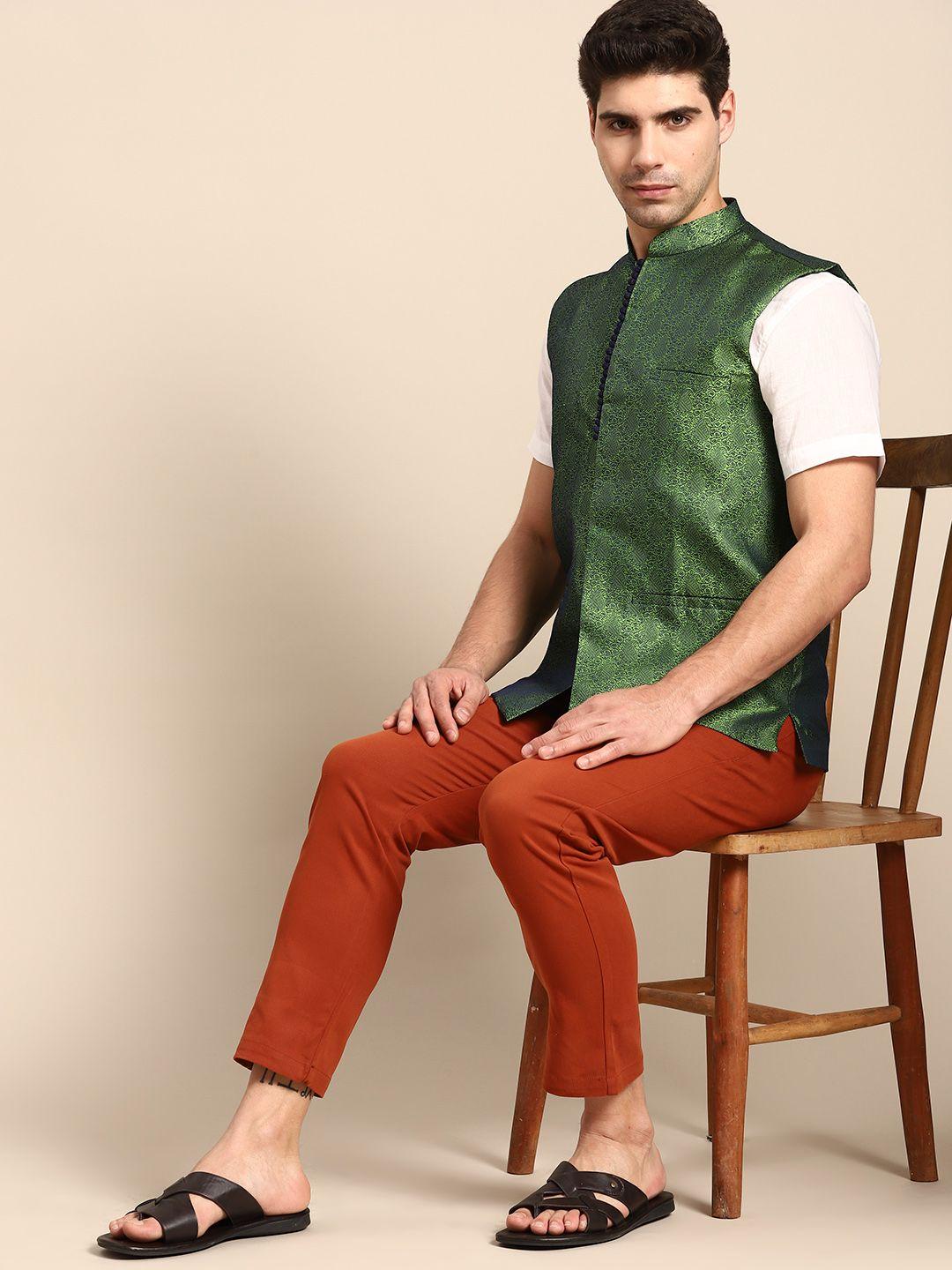 anouk men green ethnic motif printed nehru jacket with pocket square